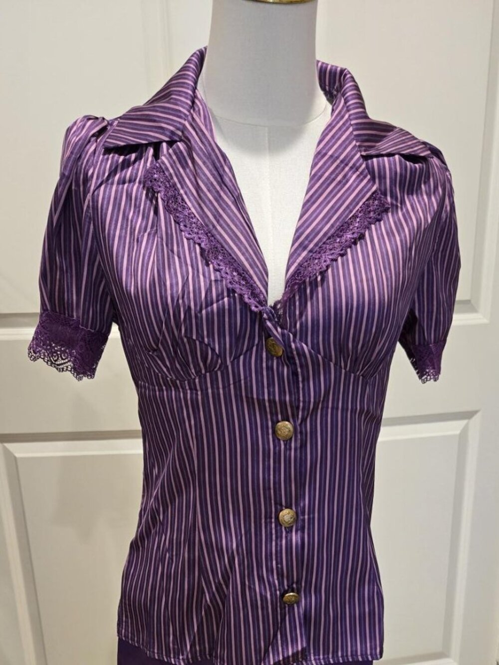 Retro Purple Striped Short Sleeve blouse & matching Midi Skirt Set Size S
